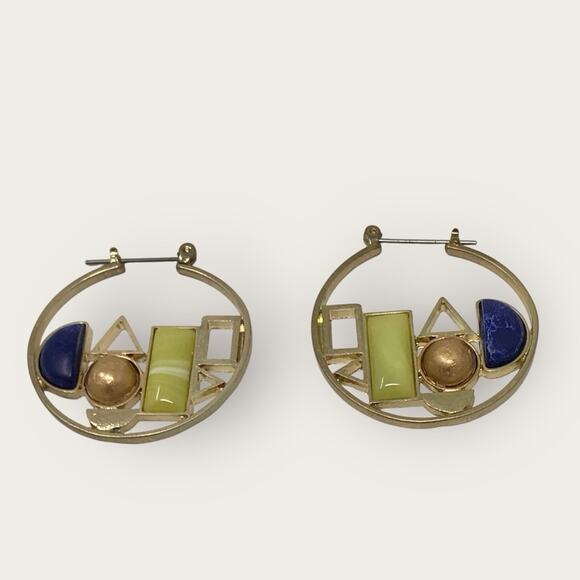 Art Deco Geometric Gold & Blue Green Hoop Earrings - Picture 2 of 3